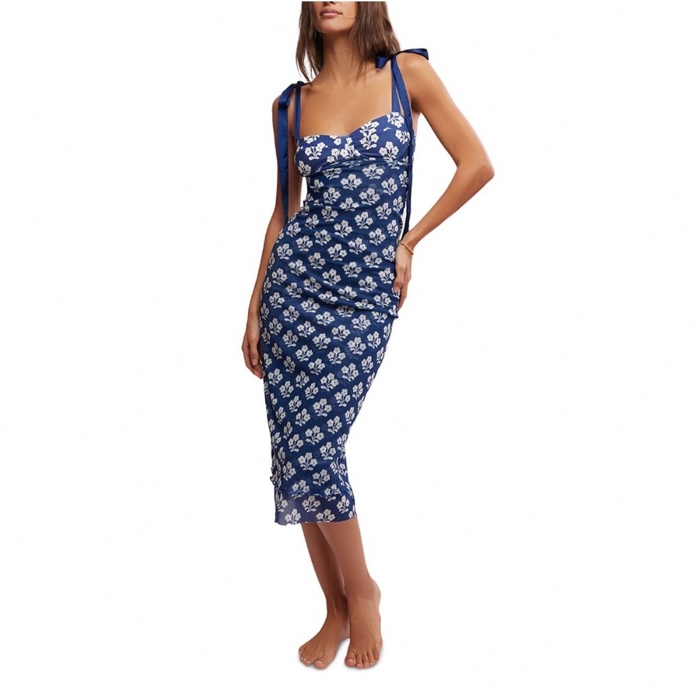 Free People Printed Got Glam Slip Dress Navy Combo Floral Tie Shoulder Large